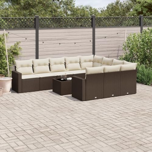 WDGJJFECNMUEHI 11-Piece Garden Sofa Set with Cushions Brown PE Rattan Outdoor Furniture for Patio Terrace, Modular Design with Storage Space & Glass Table, Weather-Resistant Poly Rattan Lounge Set von WDGJJFECNMUEHI