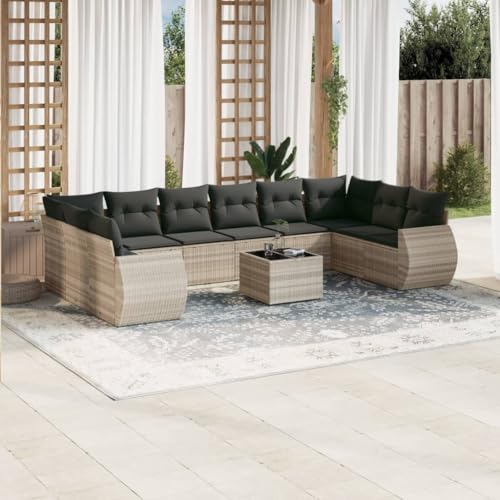 WDGJJFECNMUEHI 11-Piece Garden Sofa Set with Cushions Light Gray PE Rattan Outdoor Furniture for Patio Terrace Backyard Modular Lounge Set Weather-Resistant Durable Glass Table Comfortable Seating von WDGJJFECNMUEHI
