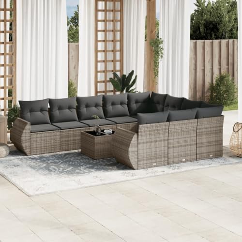 WDGJJFECNMUEHI 11-Piece Gray PE Rattan Garden Sofa Set with Cushions, Outdoor Patio Furniture for Terrace Backyard, Modular Sectional Sofa Set with Glass Table, Weather-Resistant & Washable Covers von WDGJJFECNMUEHI