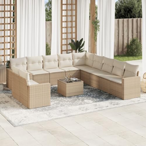 WDGJJFECNMUEHI 12-Piece Garden Sofa Set with Cushions Beige PE Rattan Outdoor Furniture for Patio, Terrace, Balcony - Modular Design, Waterproof Storage, UV Resistant & Durable Poly Rattan Lounge Set von WDGJJFECNMUEHI