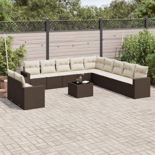 WDGJJFECNMUEHI 12-Piece Garden Sofa Set with Cushions Brown PE Rattan Outdoor Furniture for Patio Terrace, Modular Design Weather-Resistant Poly Rattan Sectional Sofa Set with Storage Glass Table von WDGJJFECNMUEHI