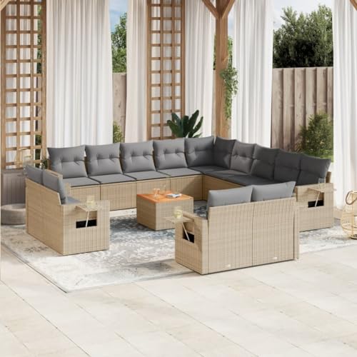 WDGJJFECNMUEHI 14-Piece Garden Sofa Set with Cushions Beige PE Rattan Outdoor Furniture for Patio Terrace, Modular Sectional Sofa Group with Side Table, Weather-Resistant & UV-Protected Lounge Set von WDGJJFECNMUEHI