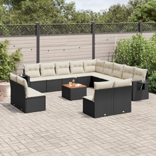 WDGJJFECNMUEHI 14-Piece Garden Sofa Set with Cushions Black PE Rattan Outdoor Furniture for Patio Terrace Backyard Weather-Resistant Modular Design Foldable Side Tables von WDGJJFECNMUEHI