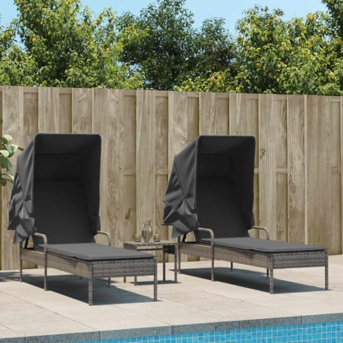 WDGJJFECNMUEHI 2 Pack Sun Loungers with Adjustable Canopy & Side Table, Gray PE Rattan Outdoor Lounge Chairs for Patio Garden Pool, Weather-Resistant Poly Rattan Daybed with Thick Cushions von WDGJJFECNMUEHI