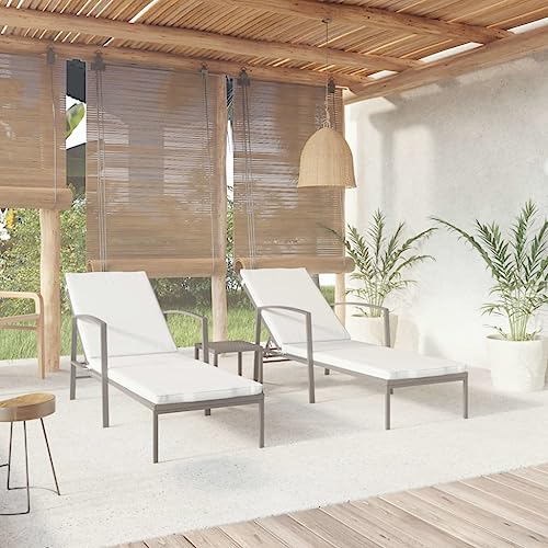 WDGJJFECNMUEHI 2 Pack Sun Loungers with Table Set, Outdoor Adjustable Lounge Chairs Poly Rattan Black, Patio Pool Garden Furniture with 4-Position Recliner, Cream Cushions, Steel Frame, Easy to Clean von WDGJJFECNMUEHI