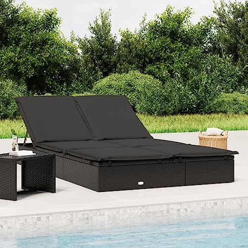 WDGJJFECNMUEHI 2 Person Sun Lounger with Cushion Black PE Rattan Outdoor Adjustable Poolside Chaise Lounge for Patio Garden Beach Camping Weather-Resistant Durable Steel Frame von WDGJJFECNMUEHI