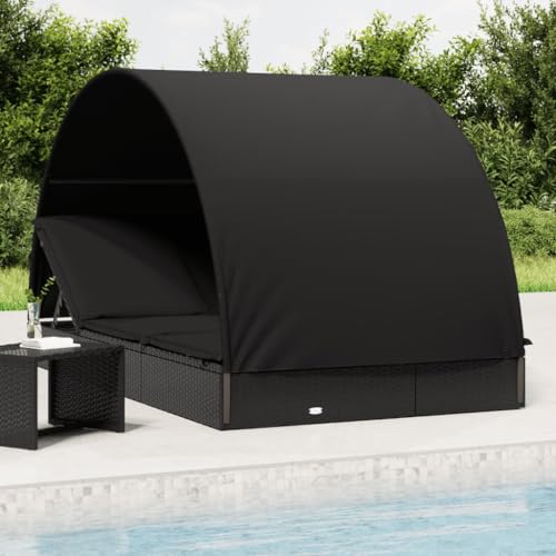 WDGJJFECNMUEHI 2 Person Sun Lounger with Round Canopy Black 211x112x140 cm Outdoor Daybed PE Rattan Adjustable Poolside Patio Furniture Weather-Resistant for Garden Camping von WDGJJFECNMUEHI