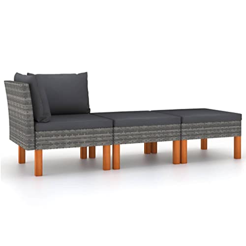WDGJJFECNMUEHI 3-Piece Garden Lounge Set PE Rattan with Eucalyptus Solid Wood Frame, Outdoor Patio Furniture with Washable Cushions, Gray Rattan Sofa Set for Terrace, Balcony, Backyard Relaxation von WDGJJFECNMUEHI