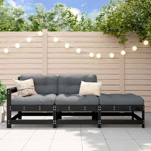 WDGJJFECNMUEHI 3-Piece Garden Lounge Set with Cushions Black Solid Pine Wood Outdoor Furniture for Patio, Terrace, Backyard - Durable Comfortable Modular Design Includes Sofa, Chair & Ottoman von WDGJJFECNMUEHI