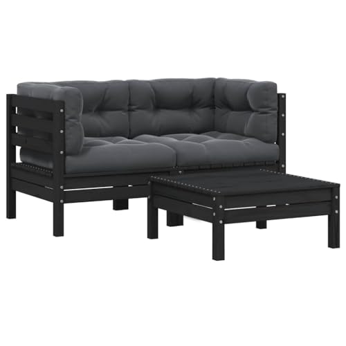 WDGJJFECNMUEHI 3-Piece Garden Lounge Set with Cushions Black Solid Pine Wood Outdoor Patio Furniture for Relaxing, Modular Corner Sofa with Ottoman Table, Weather-Resistant Anthracite Cushions von WDGJJFECNMUEHI