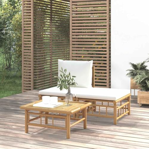 WDGJJFECNMUEHI 3-Piece Garden Lounge Set with Cushions Cream Bambus Outdoor Furniture Patio Sofa Set Modular Rattan Coffee Table Comfortable Seating for Terrace Balcony von WDGJJFECNMUEHI