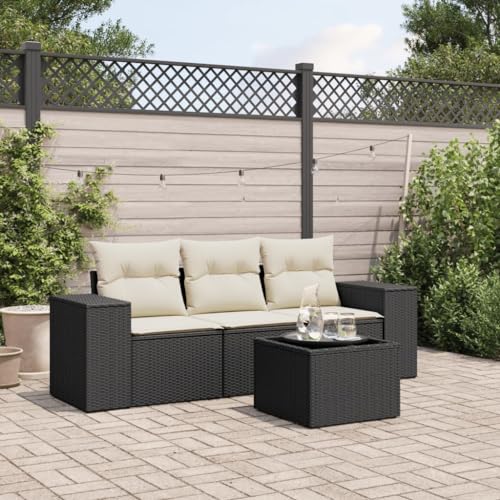 WDGJJFECNMUEHI 4-Piece Garden Sofa Set with Cushions Black PE Rattan Outdoor Furniture for Patio Terrace Backyard Includes Table Modular Design Weather Resistant von WDGJJFECNMUEHI