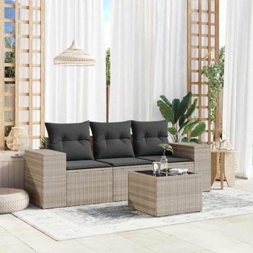WDGJJFECNMUEHI 4-Piece Garden Sofa Set with Cushions Light Gray PE Rattan Outdoor Furniture for Patio Terrace Backyard Weather-Resistant Modular Design Glass Table von WDGJJFECNMUEHI