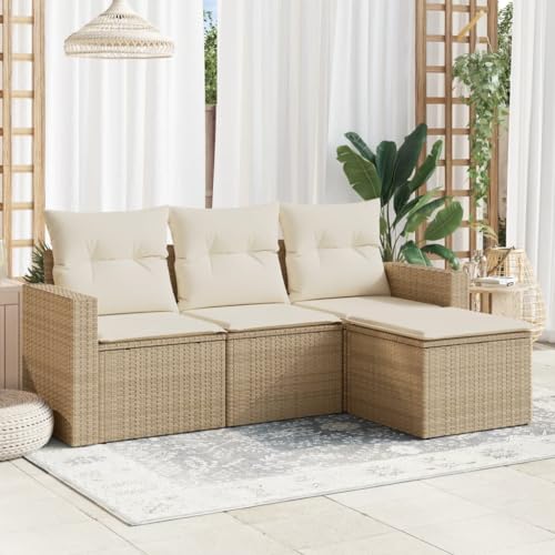 WDGJJFECNMUEHI 4-TLG. Garten-Sofagarnitur mit Kissen Beige PE-Rattan, Outdoor Sofaset mit Stauraum, wasserfesten Bezügen & modularem Design für Terrasse, Garten, Balkon von WDGJJFECNMUEHI