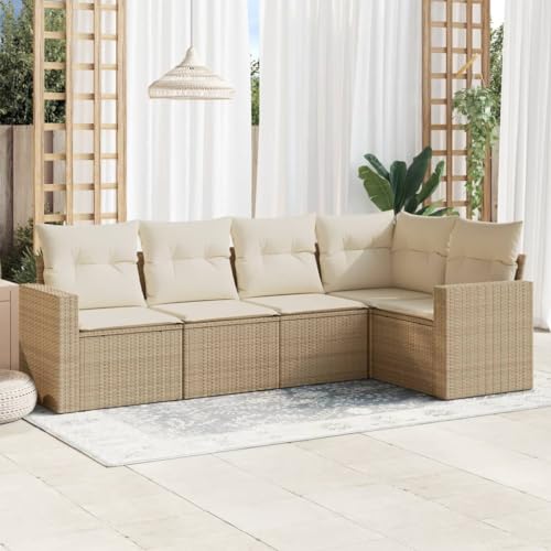 WDGJJFECNMUEHI 5-Piece Garden Sofa Set with Cushions Beige PE Rattan Outdoor Furniture for Patio Terrace, Modular Waterproof Storage Sectional Lounge Weather-Resistant Poly Rattan Conversation Set von WDGJJFECNMUEHI
