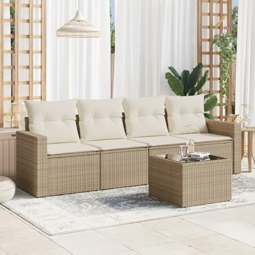 WDGJJFECNMUEHI 5-Piece Garden Sofa Set with Cushions Beige PE Rattan Outdoor Furniture for Patio Terrace, Weather-Resistant Modular Sectional Sofa Set with Glass Table & Storage Space von WDGJJFECNMUEHI
