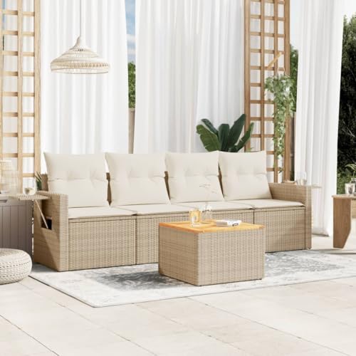 WDGJJFECNMUEHI 5-Piece Garden Sofa Set with Cushions Beige PE Rattan Outdoor Furniture for Patio Terrace, Weather-Resistant Modular Sectional Sofa Set with Side Table and Washable Covers von WDGJJFECNMUEHI