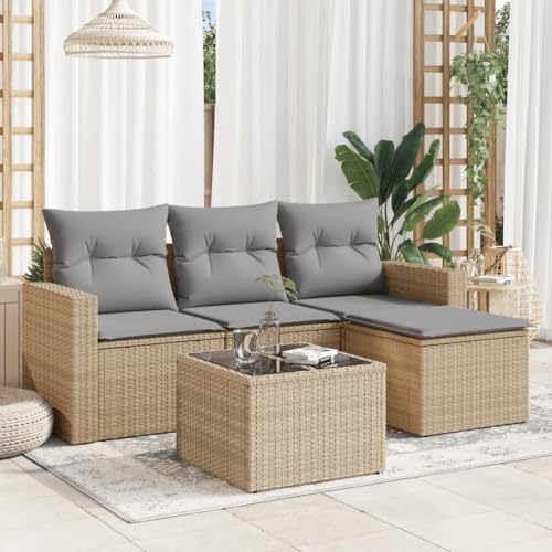 WDGJJFECNMUEHI 5-Piece Garden Sofa Set with Cushions Beige PE Rattan Outdoor Furniture for Patio Terrace, Weather-Resistant Modular Sectional Sofa Set with Storage Glass Table & Washable Covers von WDGJJFECNMUEHI