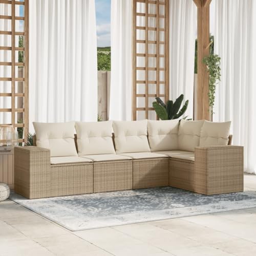 WDGJJFECNMUEHI 5-Piece Garden Sofa Set with Cushions Beige PE Rattan Outdoor Furniture for Patio Terrace Balcony Weather-Resistant Modular Design Comfortable Seating von WDGJJFECNMUEHI