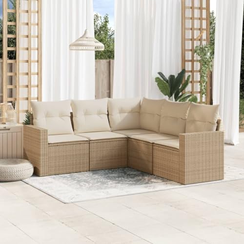 WDGJJFECNMUEHI 5-Piece Garden Sofa Set with Cushions Beige PE Rattan Outdoor Furniture for Patio Terrace Modular Lounge Set Weather-Resistant Comfortable Seating Group von WDGJJFECNMUEHI