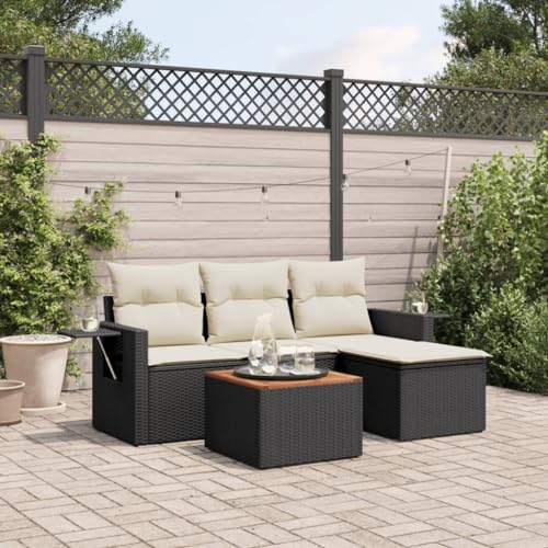 WDGJJFECNMUEHI 5-Piece Garden Sofa Set with Cushions Black PE Rattan Outdoor Furniture for Patio, Terrace & Backyard, Weather-Resistant Modular Lounge Set with Side Table & Foldable Armrests von WDGJJFECNMUEHI