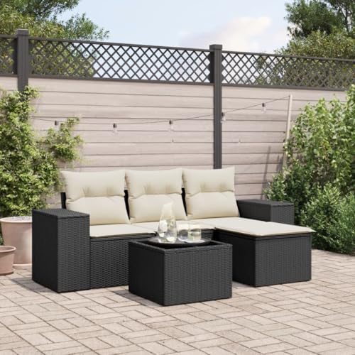 WDGJJFECNMUEHI 5-Piece Garden Sofa Set with Cushions Black PE Rattan Outdoor Furniture for Patio Terrace, Weather-Resistant Modular Sectional Sofa Set with Glass Table & Washable Covers von WDGJJFECNMUEHI