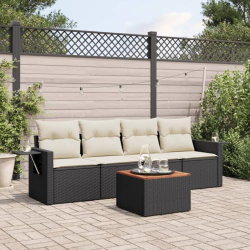 WDGJJFECNMUEHI 5-Piece Garden Sofa Set with Cushions Black PE Rattan Outdoor Furniture for Patio Terrace, Weather-Resistant Modular Sectional Sofa Set with Side Table and Washable Covers von WDGJJFECNMUEHI