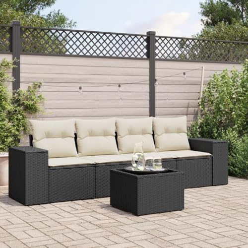 WDGJJFECNMUEHI 5-Piece Garden Sofa Set with Cushions Black PE Rattan Outdoor Patio Furniture for Terrace Backyard, Weather-Resistant Modular Lounge Set with Glass Table & Removable Covers von WDGJJFECNMUEHI