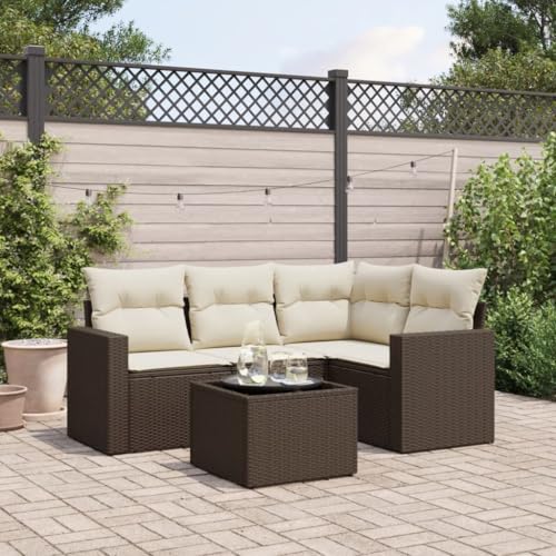 WDGJJFECNMUEHI 5-Piece Garden Sofa Set with Cushions Brown PE Rattan Outdoor Furniture for Patio Terrace, Weather-Resistant Modular Sectional Sofa Set with Glass Table & Storage Space von WDGJJFECNMUEHI