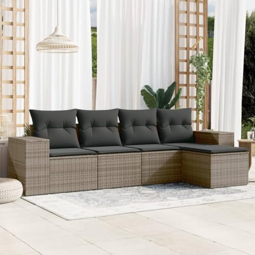 WDGJJFECNMUEHI 5-Piece Garden Sofa Set with Cushions Gray PE Rattan Outdoor Furniture for Patio, Terrace, Backyard - Weather-Resistant, Modular Design, Washable Covers von WDGJJFECNMUEHI