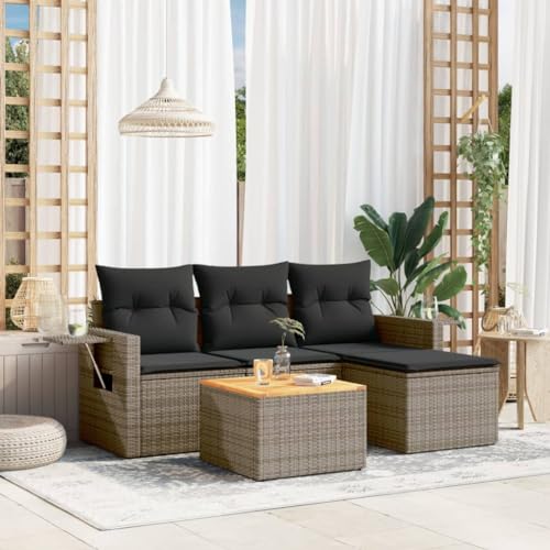 WDGJJFECNMUEHI 5-Piece Garden Sofa Set with Cushions Gray PE Rattan Outdoor Furniture for Patio Terrace Backyard Includes Coffee Table Modular Design Weather-Resistant von WDGJJFECNMUEHI