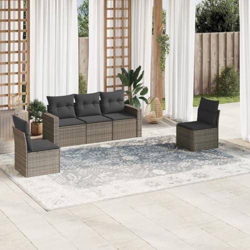 WDGJJFECNMUEHI 5-TLG. Garten-Sofagarnitur Grau PE-Rattan mit Kissen, Outdoor Lounge Set mit Stauraum, Wetterfestes Terrassenmöbel für Garten, Terrasse, Balkon, Modulares Design, Bequeme Polsterung von WDGJJFECNMUEHI