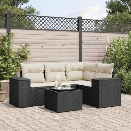 WDGJJFECNMUEHI 5-TLG. Garten-Sofagarnitur Schwarz PE-Rattan mit Kissen & Glastisch, Outdoor Lounge Set für Terrasse Garten Balkon, Wetterfest Bequem Modulares Design, Ecksofa Couchtisch Garnitur von WDGJJFECNMUEHI