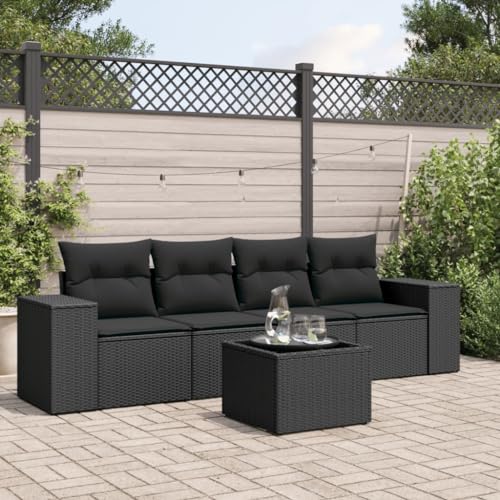 WDGJJFECNMUEHI 5-TLG. Garten-Sofagarnitur mit Kissen Schwarz PE-Rattan Set für Terrasse Garten, Wetterfestes Outdoor Sofa Set mit Glas Tisch, Bequeme Polsterkissen, Modulares Design, UV-beständig von WDGJJFECNMUEHI