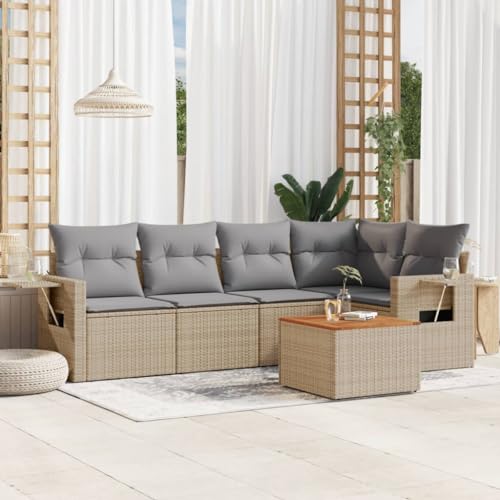 WDGJJFECNMUEHI 6-Piece Garden Sofa Set with Cushions Beige PE Rattan Outdoor Furniture for Patio Terrace, Weather-Resistant Modular Sectional Sofa Set with Side Table and Washable Covers von WDGJJFECNMUEHI
