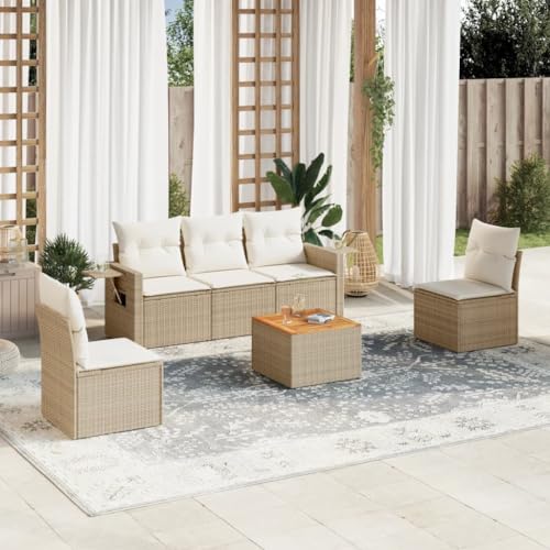 WDGJJFECNMUEHI 6-Piece Garden Sofa Set with Cushions Beige PE Rattan Outdoor Furniture for Patio Terrace, Weather-Resistant Modular Sectional Sofa Set with Side Table & Washable Covers von WDGJJFECNMUEHI