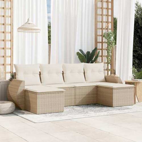 WDGJJFECNMUEHI 6-Piece Garden Sofa Set with Cushions Beige PE Rattan Outdoor Furniture for Patio Terrace Backyard Lounge Modular Design Weather-Resistant Comfortable Seating von WDGJJFECNMUEHI