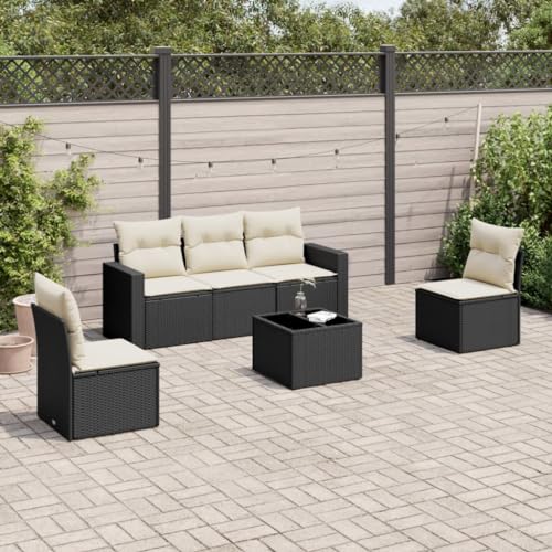 WDGJJFECNMUEHI 6-Piece Garden Sofa Set with Cushions Black PE Rattan Outdoor Furniture for Patio Terrace, Weather-Resistant Modular Sectional Sofa with Glass Table & Storage, Comfortable Lounge Set von WDGJJFECNMUEHI