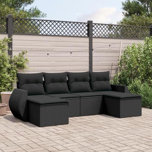 WDGJJFECNMUEHI 6-Piece Garden Sofa Set with Cushions Black PE Rattan Outdoor Furniture for Patio Terrace Backyard Weather-Resistant Modular Design Comfortable Seating von WDGJJFECNMUEHI