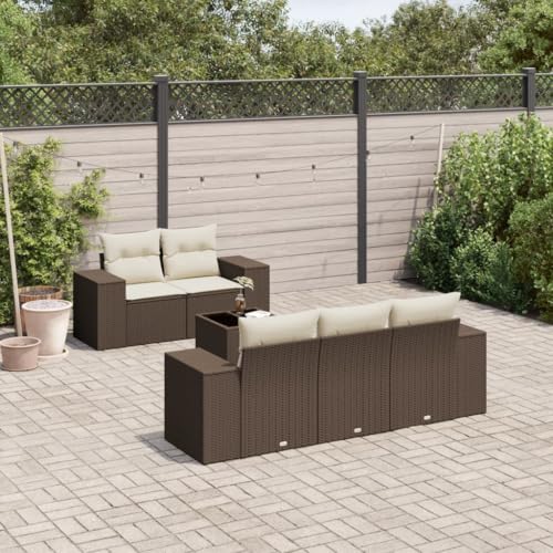 WDGJJFECNMUEHI 6-Piece Garden Sofa Set with Cushions Brown PE Rattan Outdoor Patio Furniture for Terrace Backyard, Weather-Resistant Modular Sectional Sofa Set with Glass Table & Washable Covers von WDGJJFECNMUEHI