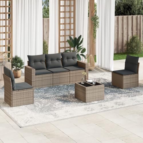 WDGJJFECNMUEHI 6-Piece Garden Sofa Set with Cushions Gray PE Rattan Outdoor Furniture for Patio Terrace, Modular Design with Storage Space Weather-Resistant Glass Table von WDGJJFECNMUEHI