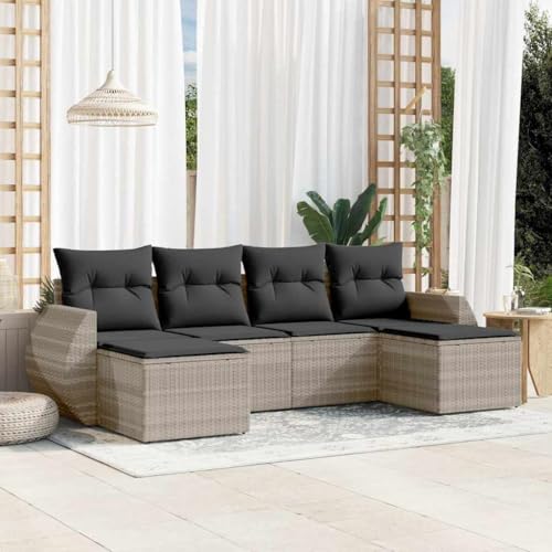 WDGJJFECNMUEHI 6-Piece Garden Sofa Set with Cushions Light Gray PE Rattan Outdoor Furniture for Patio Terrace, Weather-Resistant Modular Sectional Lounge Set, Washable Covers & Comfortable Seating von WDGJJFECNMUEHI