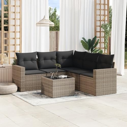 WDGJJFECNMUEHI 6-Piece Gray PE Rattan Garden Sofa Set with Cushions, Outdoor Patio Furniture for Terrace Backyard, Modular Sectional Sofa with Storage & Glass Table, Weather-Resistant Lounge Set von WDGJJFECNMUEHI