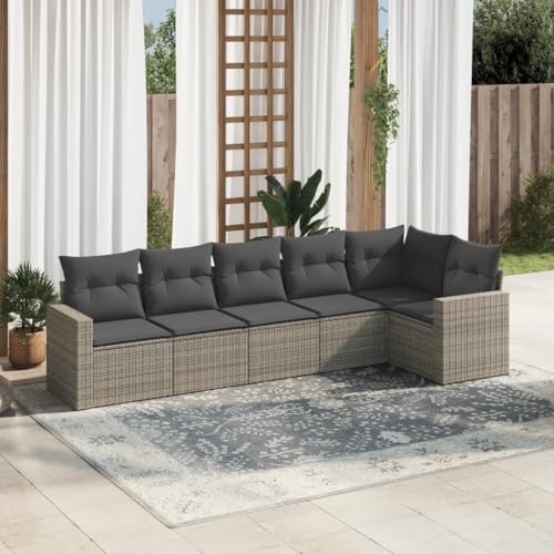 WDGJJFECNMUEHI 6-Piece Outdoor Garden Sofa Set with Cushions Gray PE Rattan Patio Furniture Modular Sectional Wicker Seating Group for Terrace Backyard UV-Resistant Waterproof Storage Bag von WDGJJFECNMUEHI