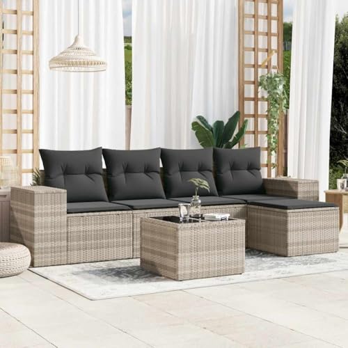 WDGJJFECNMUEHI 6-Piece Patio Furniture Set with Cushions Light Gray PE Rattan Outdoor Sofa for Garden Terrace, Modular Sectional Sofa with Glass Table Weather-Resistant Lounge Set von WDGJJFECNMUEHI