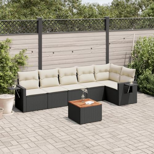 WDGJJFECNMUEHI 7-Piece Garden Sofa Set with Cushions Black PE Rattan Outdoor Furniture for Patio Terrace Backyard Weather-Resistant Modular Design Foldable Side Tables von WDGJJFECNMUEHI