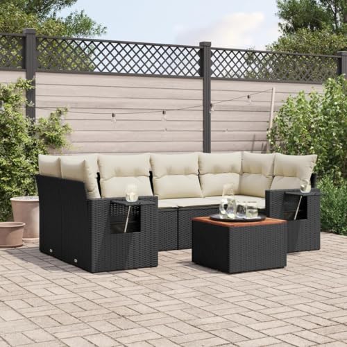 WDGJJFECNMUEHI 7-Piece Garden Sofa Set with Cushions Black PE Rattan Outdoor Furniture for Patio Terrace Backyard Weather-Resistant Modular Design Foldable Side Tables von WDGJJFECNMUEHI