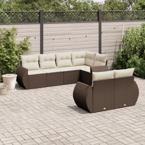 WDGJJFECNMUEHI 7-Piece Garden Sofa Set with Cushions Brown PE Rattan Outdoor Furniture, Modular Patio Conversation for Terrace Backyard, Weather-Resistant & Washable Covers, Comfortable Lounge Set von WDGJJFECNMUEHI
