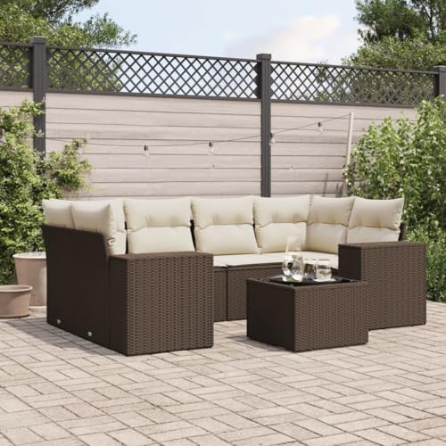WDGJJFECNMUEHI 7-Piece Garden Sofa Set with Cushions Brown PE Rattan Outdoor Furniture for Patio, Terrace, Balcony - Modular Design, Weather-Resistant, Glass Table Top & Removable Covers von WDGJJFECNMUEHI