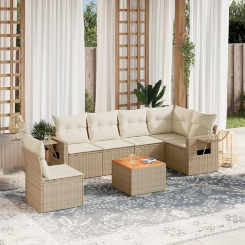 WDGJJFECNMUEHI 7-TLG. Garten-Sofagarnitur mit Kissen Beige PE-Rattan Outdoor Möbel Set für Terrasse Garten, Wetterfestes Polyrattan mit Beistelltisch und Abnehmbaren Bezügen, Modulares Design von WDGJJFECNMUEHI